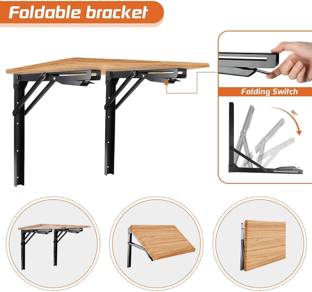 Ultrawall Heavy-Duty 24-Inch Black Folding Shelf Brackets - Adjustable Steel, Max Load 550lb