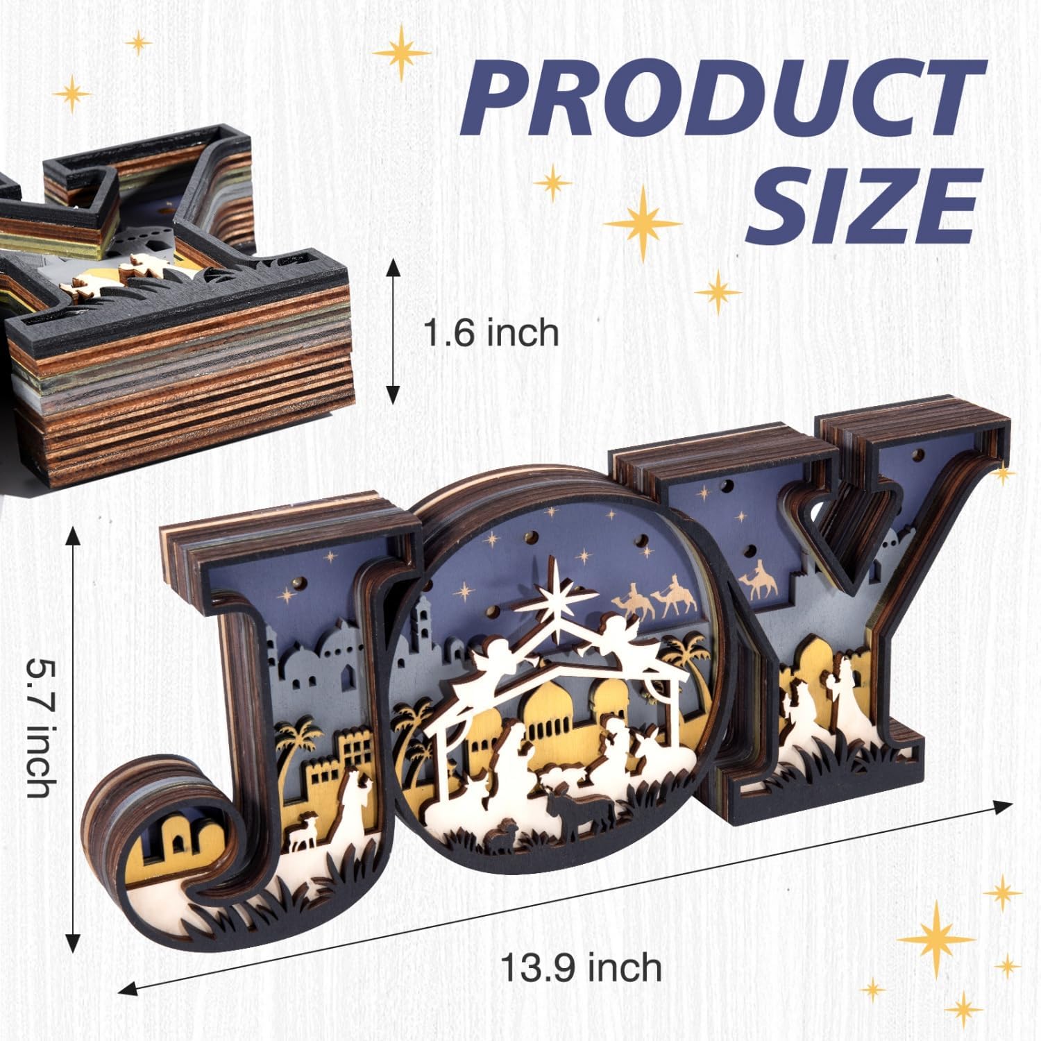 Nativity Scene Set by Christmas Joy - 3D Indoor Ornament with LED Lights for Tabletop Decor