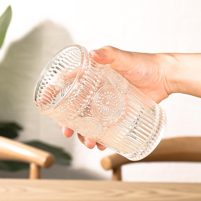 Vintage Glassware Romantic Drinking Glasses - 12 oz Cocktail Glasses Set of 6 Embossed Water Glasses Drinking Perfect Glass Cups for Coffee, Cocktails, and Beverages Dishwasher Safe Ideal Gifts