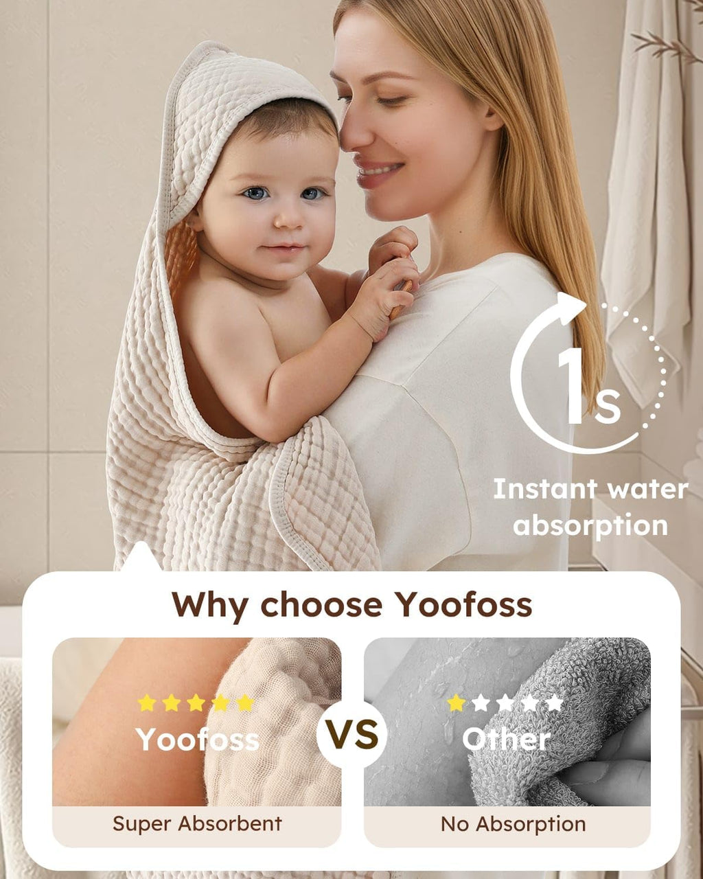 Yoofoss Hooded Baby Towels - 100% Muslin Organic Cotton, Soft & Absorbent, 2 Pack, 32x32 Inch, Beige & Coffee