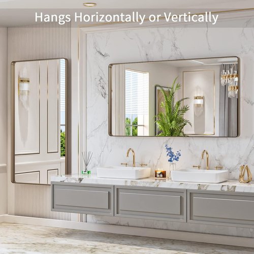 LOAAO Bronze Bathroom Mirror - 55”X30” Rounded Rectangle with Anti-Rust Brushed Metal Frame | Versatile Hanging Options