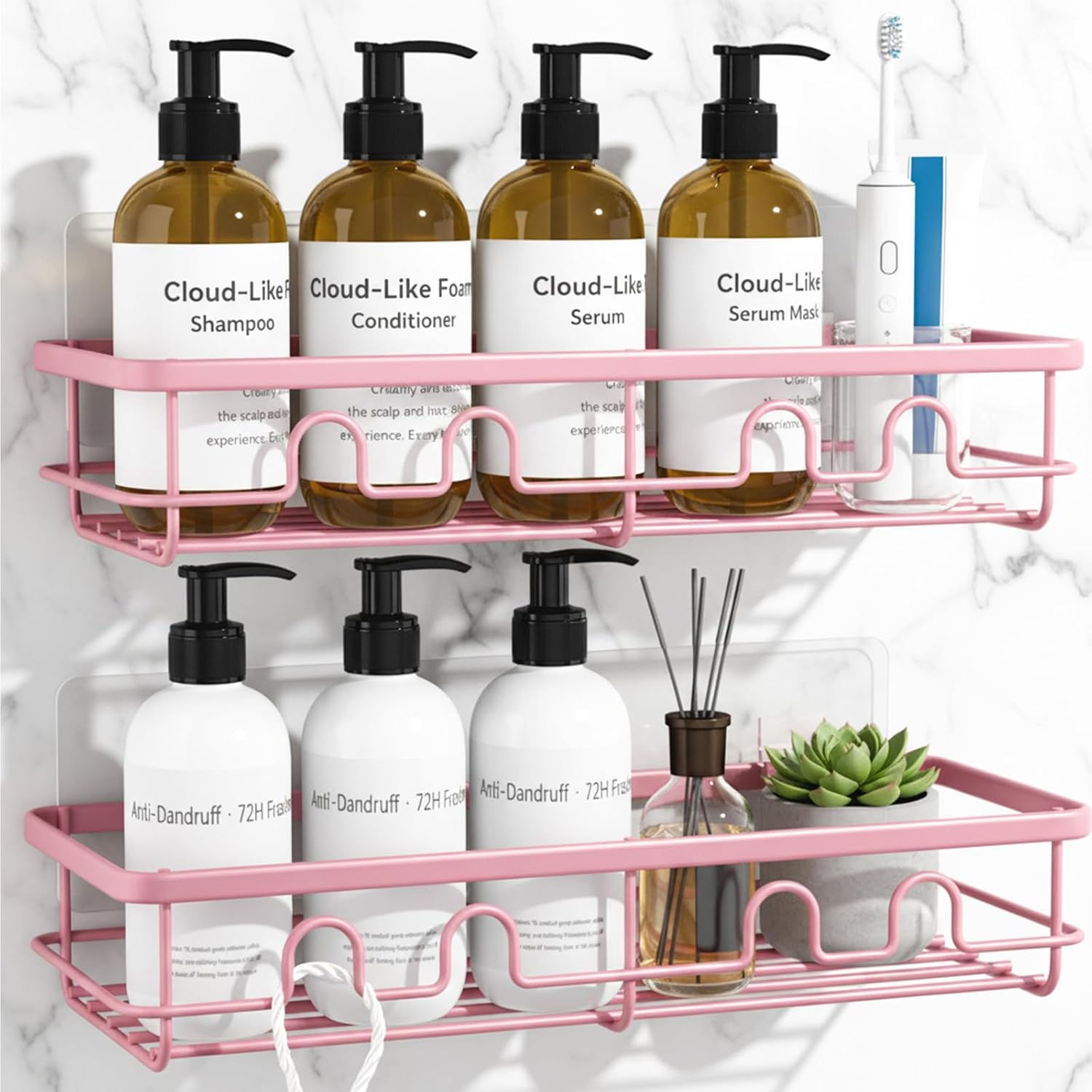 Skiennix Adhesive Shower Caddy - Large Capacity No Drill Bathroom Organizer | 2 Pack Pink Shelves