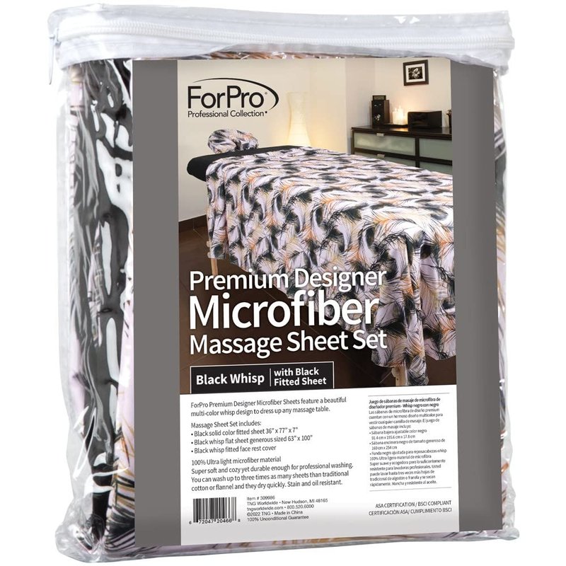 ForPro Professional Collection Designer Microfiber 3-Piece Massage Sheet Set, Black Whisp, Ultra-Light, Stain, and Wrinkle-Resistant Includes Massage Flat and Fitted Sheet and Massage Face Rest Cover