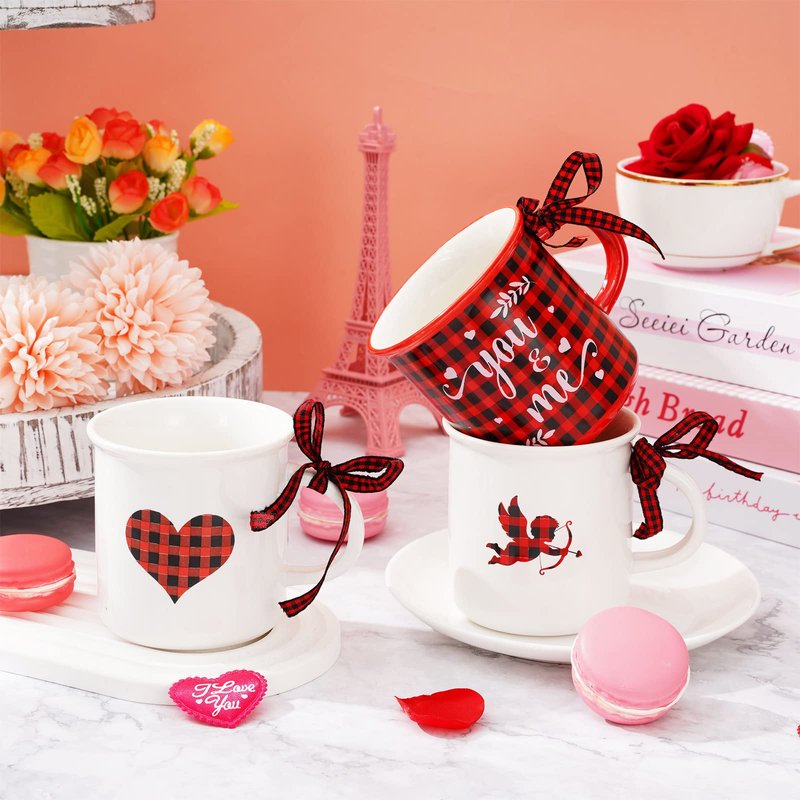 Whaline 6Pcs Valentine Mini Coffee Mug with Ribbon Red Black Plaid Heart Truck Cupid Tiered Tray Decor for Anniversary Wedding Gift