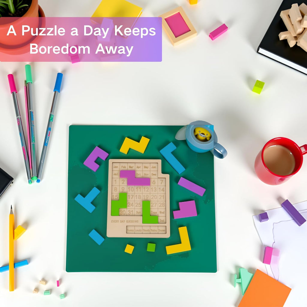 Wooden Daily Calendar Puzzle - 365 Days of Challenges | Desk Block Calendar for Home & Office Decor