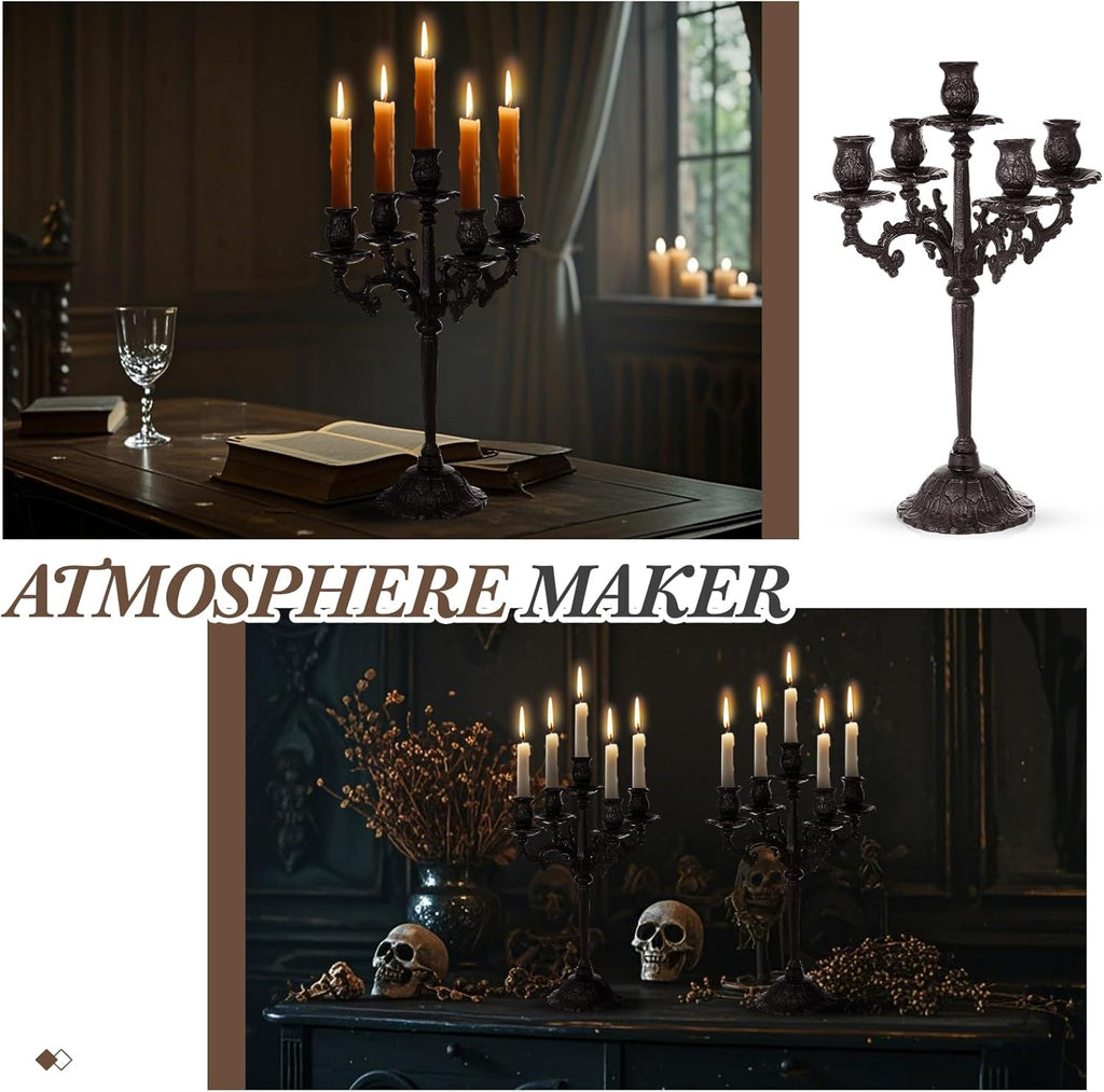 Mumufy Black Candelabra Set - 5 Arm Cast Iron Candle Holders | 16.7" Vintage Gothic Centerpieces