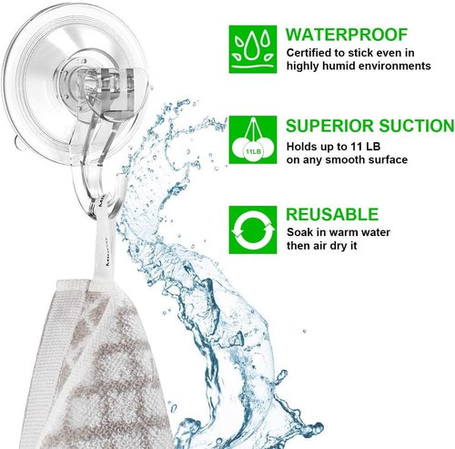 LUXEAR Suction Cup Hooks - 6 Pack Reusable Waterproof Hooks for Bathroom, Kitchen & Travel | Clear