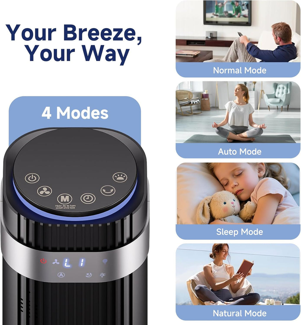 OLIXIS Quiet Tower Fan - Bladeless Oscillating Cooling Fan with Remote, 12H Timer, 5 Speeds | Black