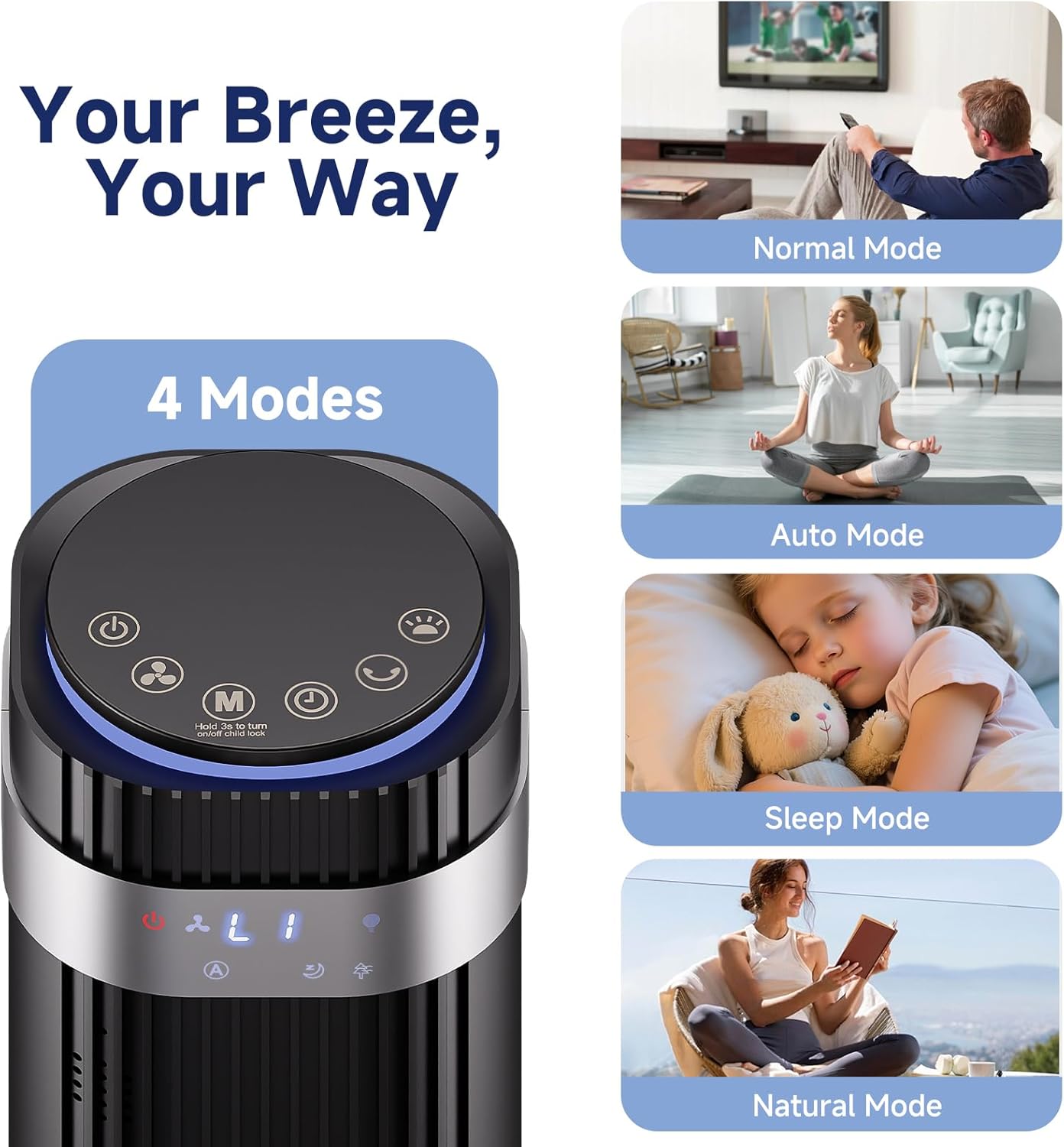 OLIXIS Quiet Tower Fan - Bladeless Oscillating Cooling Fan with Remote, 12H Timer, 5 Speeds | Black