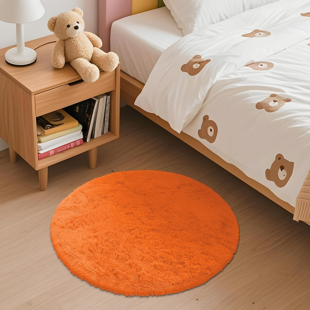 OLANLY Orange Round Area Rug - Soft, Fluffy, Machine Washable 2 ft Circle Carpet for Bedroom & Nursery Decor