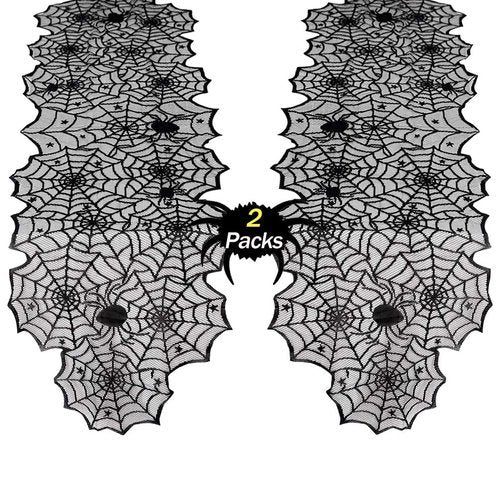 B-COOL Halloween Table Runners Lace 2 Packs Black Spider Web Linens Polyester Gathering Gothic Festival Fabric Decoration 18x72inch