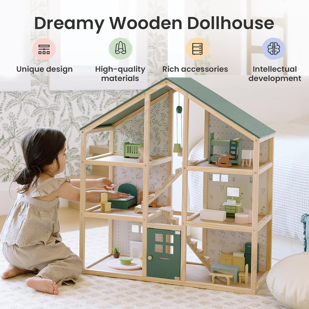 Tiny Land Wooden Dollhouse - 6 Rooms DIY Dollhouse with 31 Furniture Accessories | Creative Gift for Girls Ages 3+