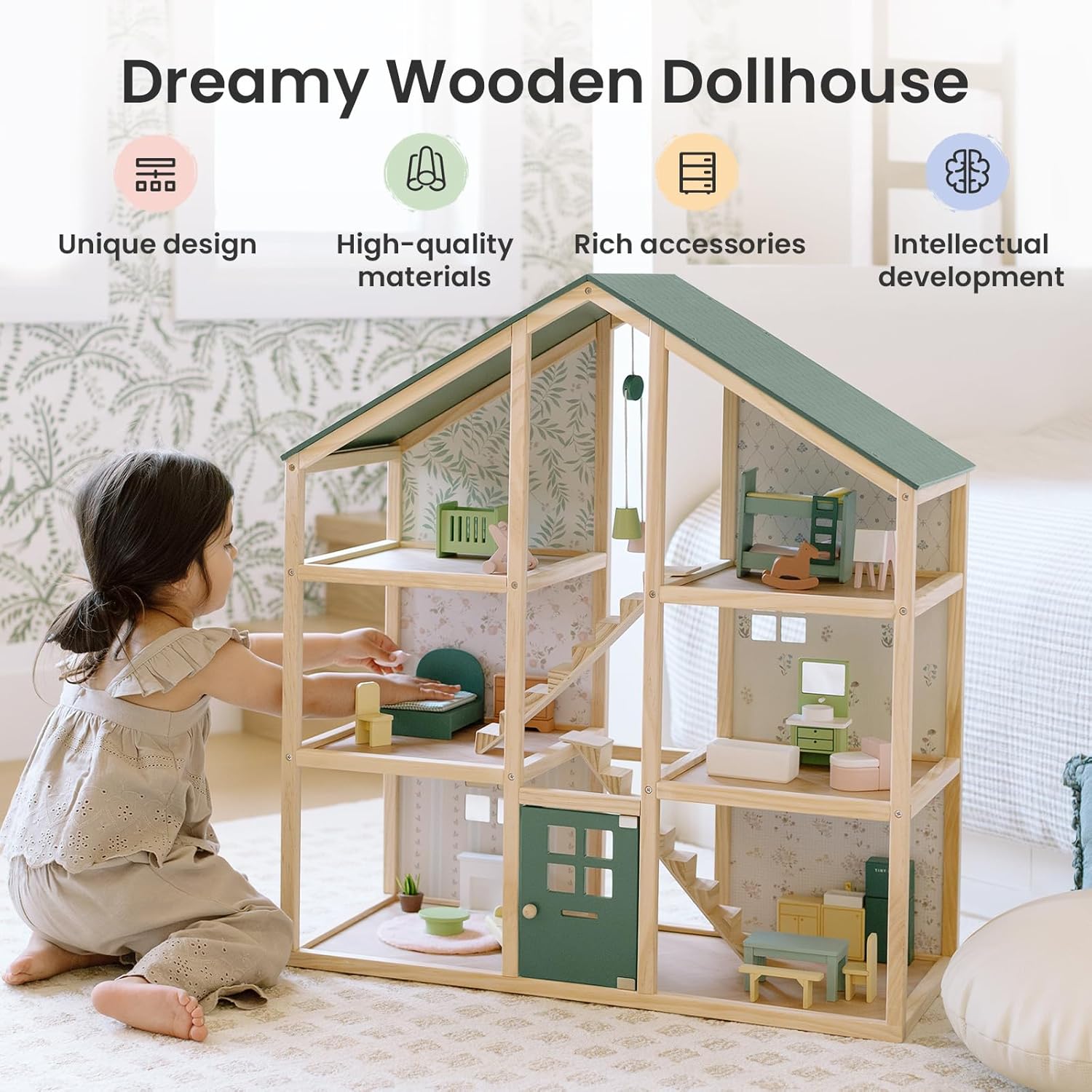 Tiny Land Wooden Dollhouse - 6 Rooms DIY Dollhouse with 31 Furniture Accessories | Creative Gift for Girls Ages 3+