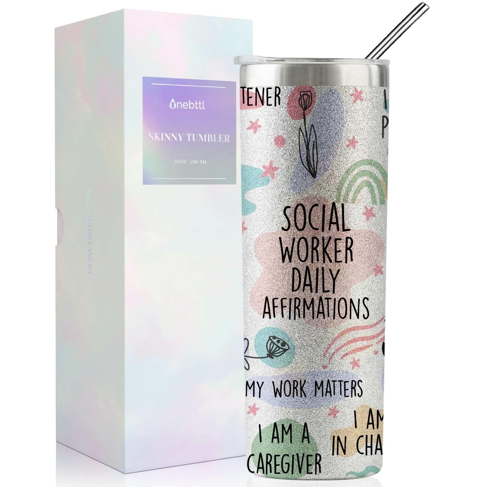 Onebttl Social Worker Gifts For Women - Social Worker - 20oz/590ml Stainless Steel Insulated Glitter Tumbler with Straw - Social Work Month, Appreciation, Graduation Gifts for BSW, MSW, DSW - (Silver)