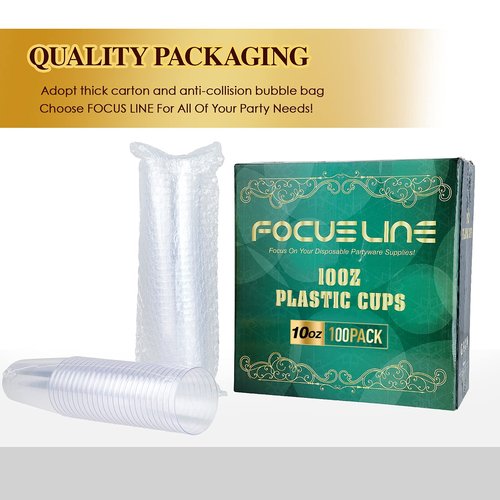FOCUSLINE 10 oz Clear Plastic Cups, Disposable Heavy Duty Hard Plastic Cups, Reusable, 100 Count