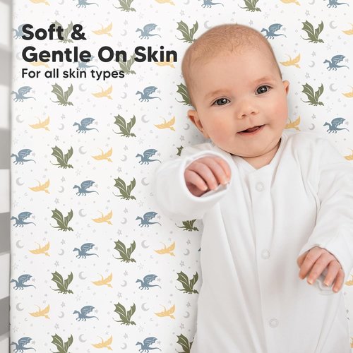 KeaBabies Organic Crib Sheets - 2-Pack Fitted Jersey Cotton for Boys & Girls | Soft, Breathable 52x28" with Cute Dragon Tale Prints