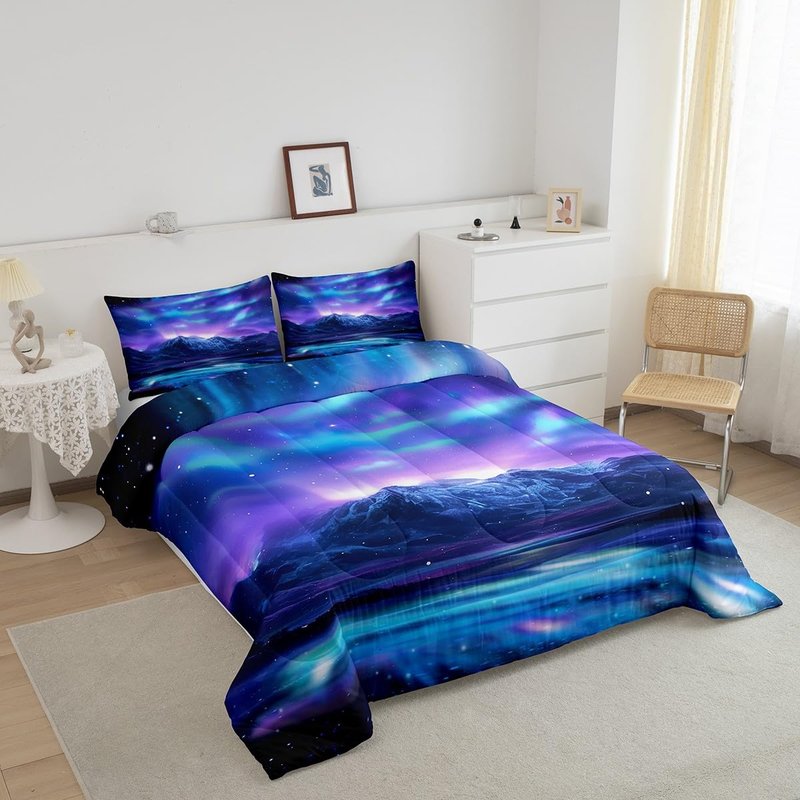 Feelyou Northern Light Comforter Set Soft Galaxy Bedding Set Blue Purple Starry Sky Aurora Decor Quilted Duvet Bed Set with Comforter for Girls Boys Bedroom (Twin, 2 Pieces)