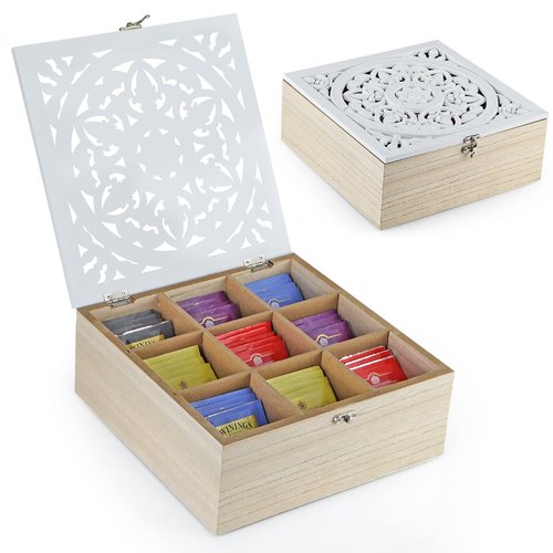 MOLIGOU Wood Tea Bag Organizer, 9 Compartment Tea Storage Box with Floral Pattern Lid, Tea Holder Box for Cabinet, Pantry