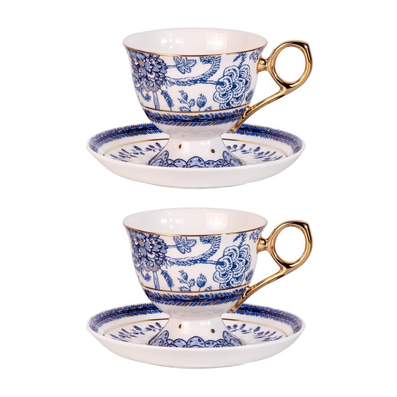 KAMMAK Tea Cups and Saucers Set of 2, Fine Bone China Coffee Cups, 8.5-Ounce Stackable Espresso Mugs, Ceramic Demitasse for Coffee, Cappuccino, Latte, Americano, Tea, Tall Navy
