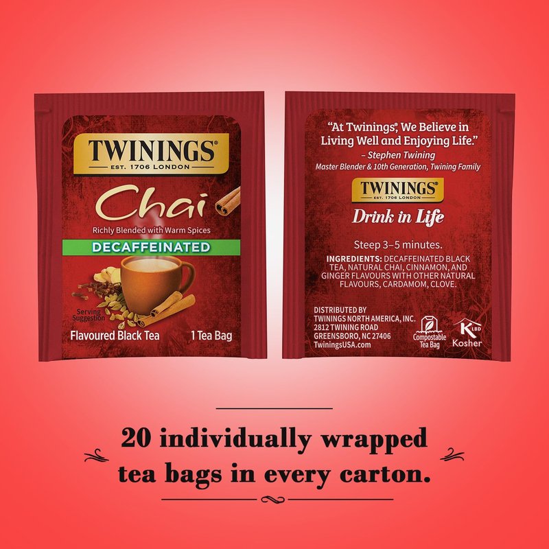 Twinings Decaffeinated Chai Tea, Black Tea Blend with Cinnamon, Ginger, Cardamon, 20 Count (Pack of 3)