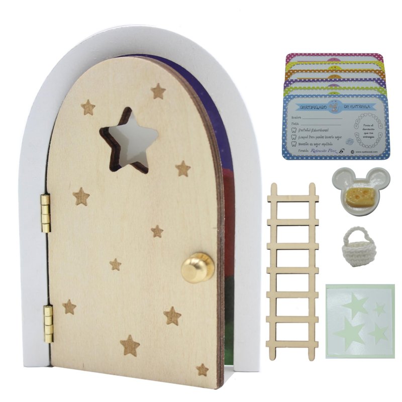 Qué Kawaii® MAGICAL Pérez mouse kit. DOOR THAT OPENS AND SHINES IN THE DARK Wooden door and+crochet bag+stars+little mouse that glows in the dark+6 certificates in Spanish (NATURAL)