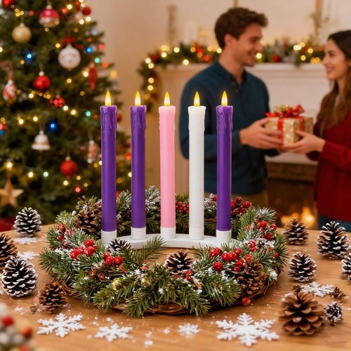 Lezonic Flameless Advent Candles - Battery Operated LED Taper Set of 5 for Christmas Decor | 3 Purple, 1 Pink, 1 White