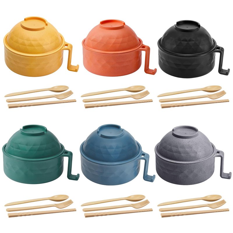 Romooa 6 Sets Microwave Ramen Bowl Set 33 oz Wheat Straw Instant Ramen Cooker Set Portable Noodle Cooker with Handle Noodle Bowl with Spoon Chopsticks Fork College Dorm Room (Elegant Colors)