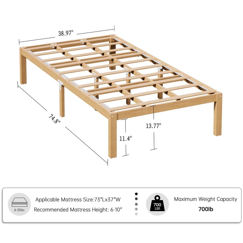 BambooSync 14 Inch Bamboo Bed Frame – Solid Wood Platform Bed Frame, Strong and Stable, with Non-Slip Slats for Support, No Box Spring Needed, Easy to Assemble, Noise-Free (Natural, Twin)