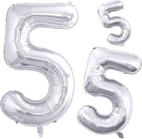 GOER Silver Foil Number 5 Balloons - Huge 42" & 32" Party Decorations for 5th & 55th Birthdays (3 Pcs)
