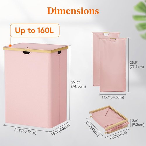 Lifewit 160L Double Laundry Hamper - Extra Large Bamboo Basket with Lid & 2 Removable Liners | Pink