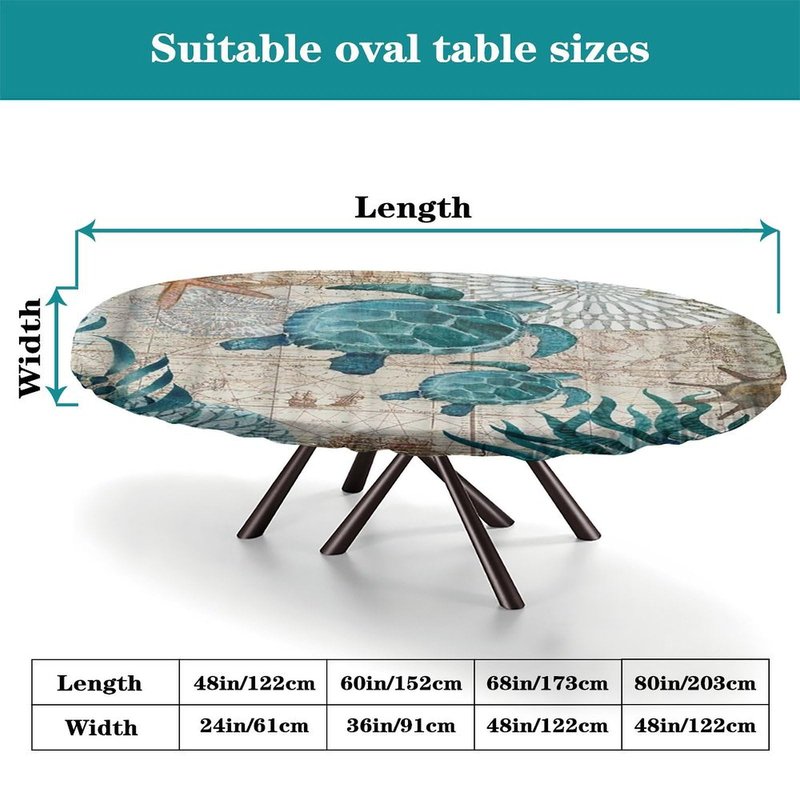 Personalized Oval Fitted Table Cloth Cover Add Your Photo Text Logo Custom Tablecloth with Elastic Edged for Indoor Outdoor Picnic Party Kitchen Dinner Decoration, Sea Turtle, Fits To 42" x 60" table