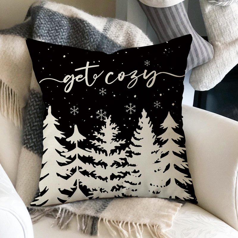 Fahrendom Winter Snowflake Decorative Throw Pillow Covers 18x18 Set of 4, Let It Snow Christmas Pine Tree Black Outdoor Pillowcase, Get Cozy Seasonal Holiday Farmhouse Cushion Case Home Decor