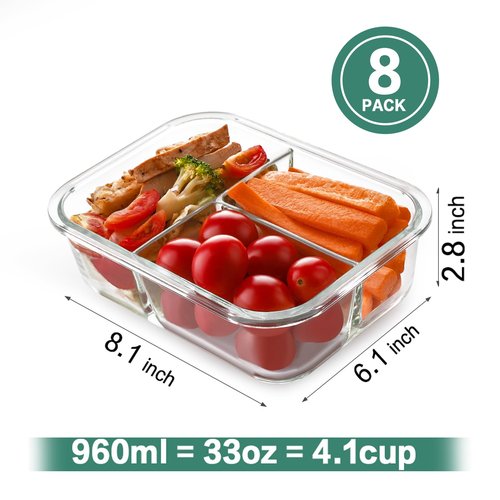 HOMBERKING 8 Pack Glass Meal Prep Containers 3 Compartment, 36oz Glass Food Storage Containers with Lids, Airtight Lunch Bento Boxes, Leak Proof (8 lids & 8 Container) - Light White