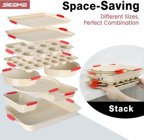 BIEAMA Nonstick Baking Pans Set - 13-Piece BPA-Free Carbon Steel Bakeware in Cream Color