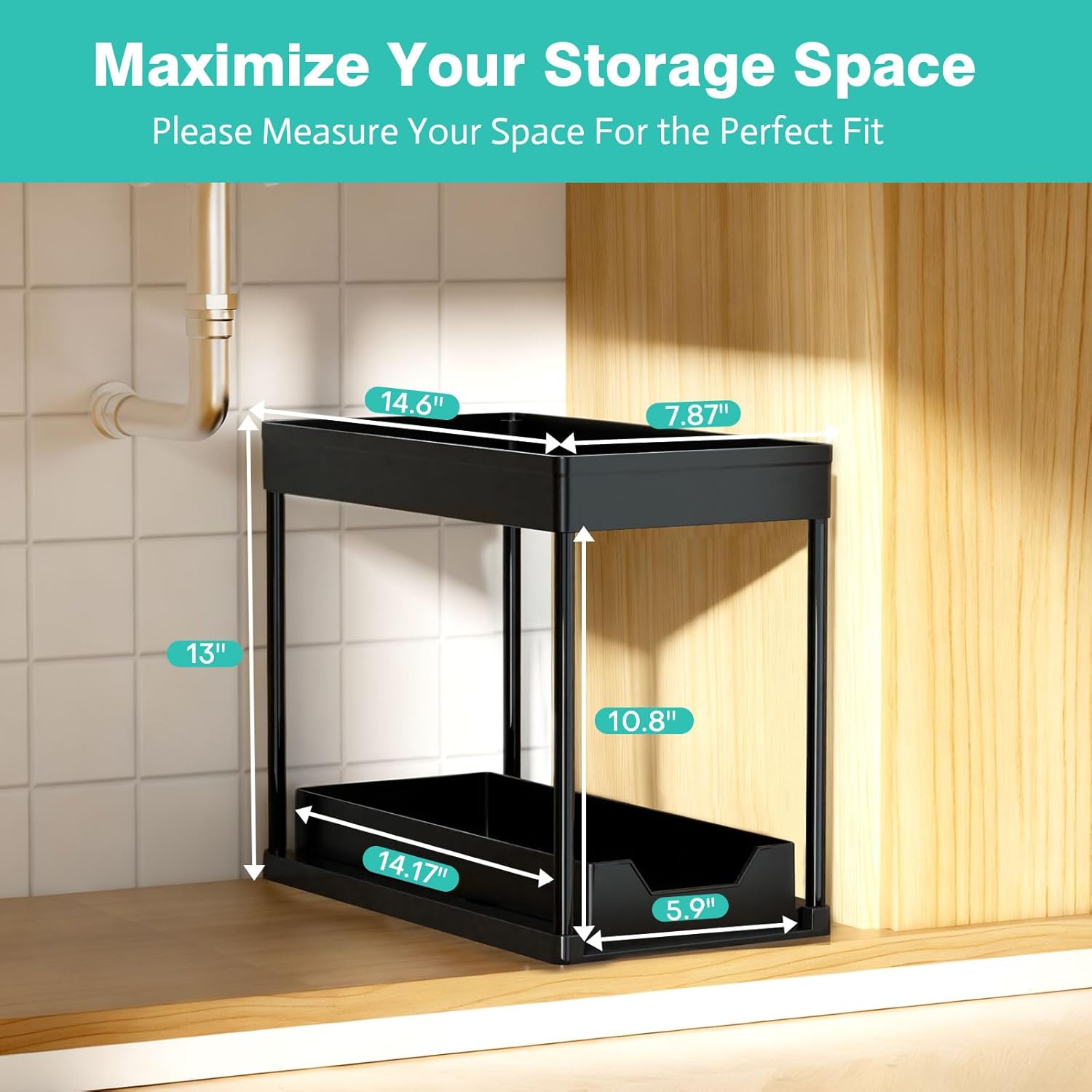 Under Sink Organizers by [Brand Name] - 2-Pack Pull-Out Sliding Cabinet Organizer with 2-Tier Storage & Hooks | 13 Inch, Black