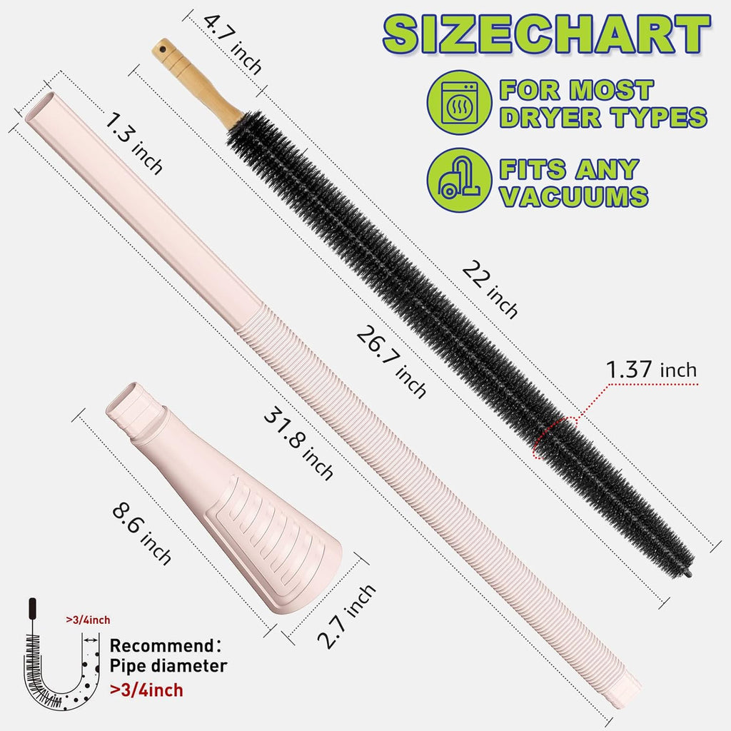 Skiennix Dryer Vent Cleaner Kit - 2-Piece Lint Brush & Vacuum Hose Attachment - Grey & Pink