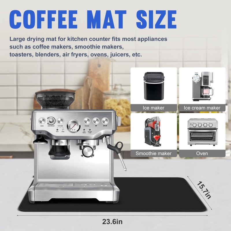 Waterproof Coffee Mat for Ninja ES601 ES701 Breville, 23.6 x 15.7 Inch Espresso Machine Bar Accessories, Hide Stain Rubber Backed, Dish Drying Mat with Easy Clean Surface for Kitchen Counters, Black