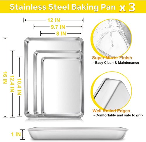 E-far Baking Cookie Sheet Pan Set - 3 Stainless Steel Baking Pans | Non-Toxic, Easy Clean, Dishwasher Safe, 16/12.4/10.4 Inch