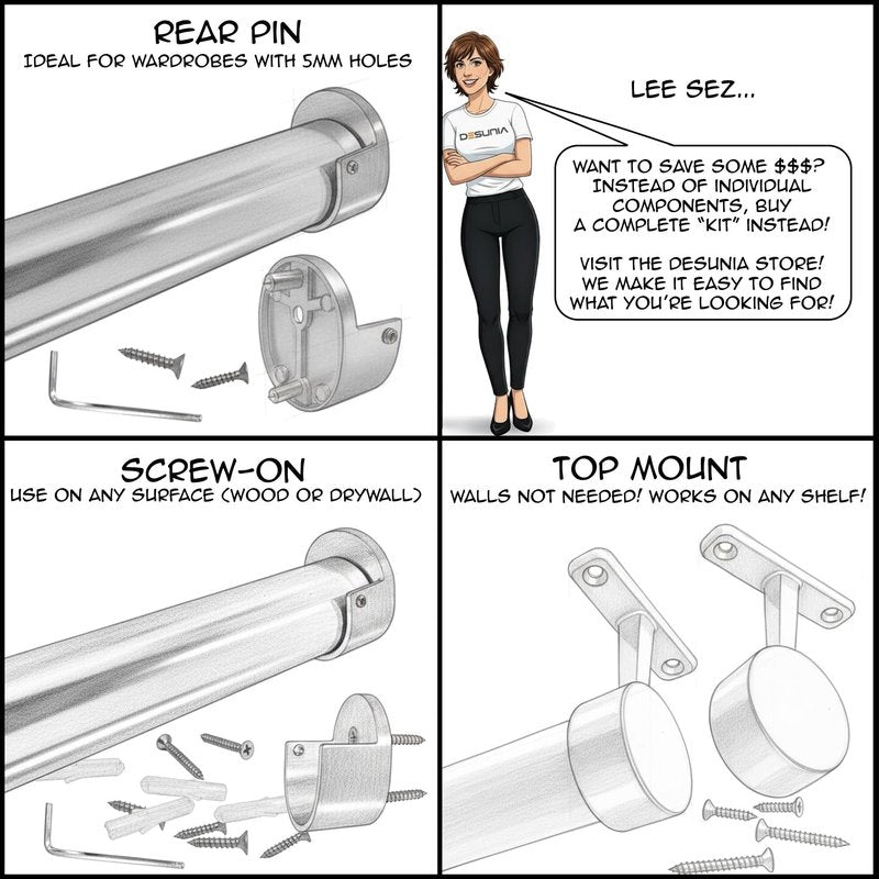 48" HEAVY DUTY Round Closet Rod | 32mm Diameter | Polished Chrome Clothes Pole | 2 Pack