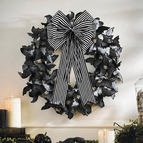 Hongsome Halloween Bows - 2 Pack Black & White Stripe Decor for Wreaths & Tree Toppers | 12”x20”