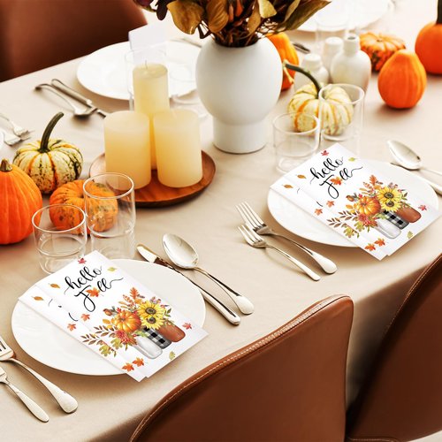 100 Pcs Fall Paper Napkins Thanksgiving Guest Napkin 3 Ply Pumpkin Paper Napkin Hello Fall Disposable Hand Towels Decorative Hand Paper Towel for Autumn Harvest Party, 13 x16 Inch