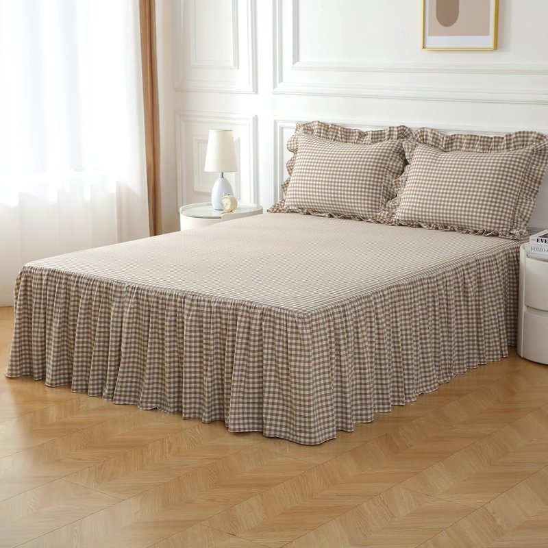 Silnuo Taupe/White Plaid Bed Skirt Washed Cotton Shabby Gingham Checkered Dust Ruffle King Size 18" Bedding(1 Bed Skirt Only)