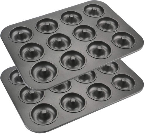 Lawei 2 Pack 12-Cavity Non-stick Donut Pan, Carbon Steel Donut Baking Pan for Muffin, Cake, Dessert, Mini Bagel Mold Donut Trays for Oven, Microwave, Freezer Safe