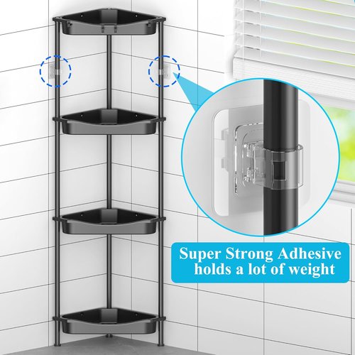 HuggieGems Corner Shower Caddy Organizer - 4 Tier Floor Stand with Hooks | Jet Black Bathroom Shelf