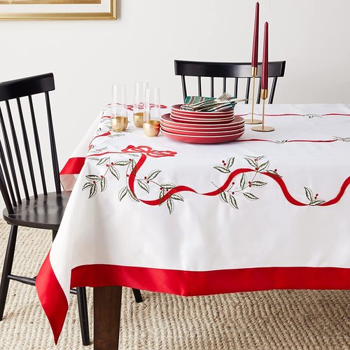 Violet Linen Christmas Holly Leaves Poinsettia Ribbon Bows Polyester Embroidered with Trim Border Tablecloths, 70" X 88", White