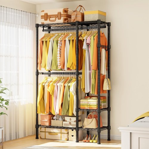 HYSEYY Heavy Duty Portable Closet - Adjustable Garment Rack with 4 Hanging Rods & Shelves | 73.6" L x 17.3" W x 76.4" H (Gray)