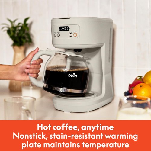 BELLA 12-Cup Programmable Coffee Maker - Easy LCD Display, Auto Shutoff, Reusable Accessories, Oatmilk