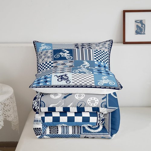 Castle Fairy Dirt Bike Comforter Set,Motocross Racer Bedding Set for Kids Girls Women,Adults Blue and Gray Grid Comforter,Stripes Square Quilted Duvet Set Bedroom Collection Twin Size 2Pcs