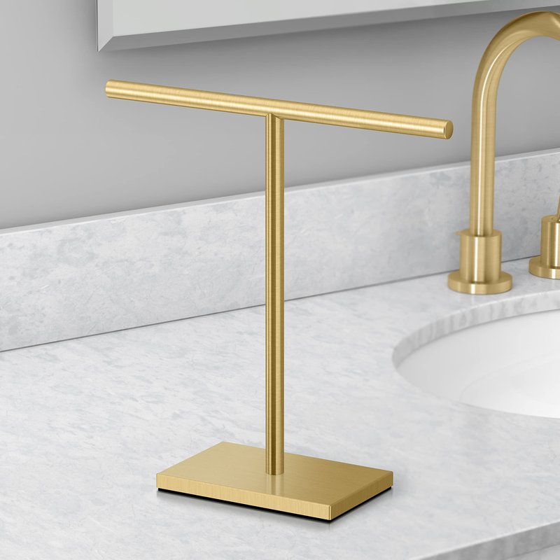 Gatco 1444B, Modern Rectangle Base Freestanding Countertop Towel Holder, Brushed Brass / 10.50" W x 11.13" H T-Style Countertop Hand Towel Holder for Bathroom, Kitchen/Fingertip Towel Rack