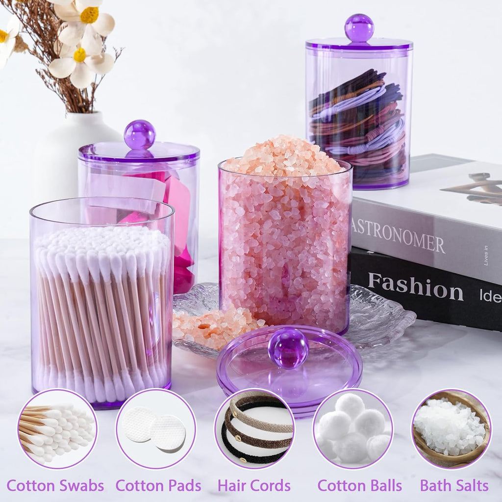 XIPENGKEJI Qtip Holder Set - 6 Pack Apothecary Jars with Lids for Bathroom Organization | 10oz-12oz Purple